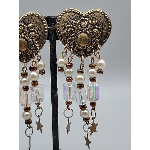 Floral Heart Dangling Faux Pearl Clip-on Earrings Irridescent Bead Stars Vintage - Picture 7 of 11